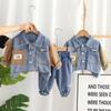 Traje para niños pequeños y medianos, traje de dos piezas de mezclilla con bolsillo de dos colores, suéter de cuello redondo para niños, pantalones, fabricantes al por mayor