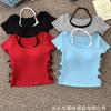 Algodón Dulce Estilo Cool Lazo en Cintura Lateral Diseño Calado Falso Dos Piezas Manga Corta T Top de Cuello Interno para Mujer con Almohadilla en el Pecho