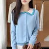 Cardigã de malha de lã pura feminino para outono e inverno com gola Peter Pan plissada, apresentando um estilo suave e gola contrastante, peça de outer wear de corte solto