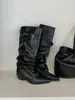 Botas de montar vintage europeas y americanas de punta, plisadas, de pierna ancha, hasta la rodilla, con decoración de hebilla de cinturón