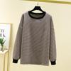 Suéter de lana de longitud media para mujer de otoño e invierno, holgado, de cuello redondo, manga larga, camiseta a rayas, con forro polar, grueso, camiseta básica de talla grande