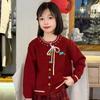 Ropa para Niños Otoño e Invierno Traje para Niños 2025 Otoño Cardigan de Punto Rojo Retro Estilo Occidental Falda Plisada para Niñas Niños Medianos y Grandes