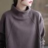 Sudadera para mujer 2025 Otoño e Invierno Nueva Color Puro Suelta Estilo Coreano Jersey de Cuello Alto Medio Sin Capucha de Manga Larga Terciopelo Grueso