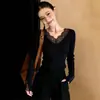 Suéter de Punto Shisanxing Otoño/Invierno Nuevo Estilo Coreano Encaje Suave Parche V-Neck para Mujer, Corte Ajustado y Camiseta Base Adelgazante