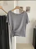 Kekezoon Diseño de Botones en Cuello Asimétrico Color Sólido Irregular Top Camiseta de Manga Corta Ceñido a la Cintura Toma Real Ropa de Mujer 7921