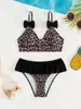 Nuevo Bikini de Color Block con Estampado de Leopardo y Moño con Abertura Traje de Baño Infantil para Aguas Termales y Playa
