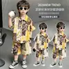 Conjunto de Camisa de Brocado del Mar del Sur de Verano para Niños, Conjunto Elegante Coreano de Dos Piezas de Manga Corta para Niños, Ropa Delgada para Bebés