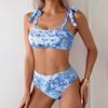 Traje de Baño Sexy de Hombros Descubiertos Separados 2025 Transfronterizo de Dos Piezas Retro con Cordones Estampado Bikini Europeo y Americano