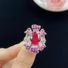 Conjunto de três peças de luxo em coríndon vermelho oval com abertura completa de diamantes, brincos com pingente temperamento feminino