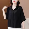 Camisa de un solo botón con mangas murciélago para mujer, Nuevo estilo Verano 2026, Camisa de manga corta para madres de mediana edad, Corte holgado, Top que cubre el abdomen