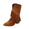 Botas de cowboy femininas retrô, bico fino, desgastadas, estilosas e que afinam a silhueta, com franjas, botas western, saltos grossos