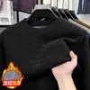 Suéter Masculino Gola Redonda de Veludo de Algodão Europeu com Forro de Lã Grossa Camada Interna Quente Outono e Inverno Novo Camisa Base de Tricô Top