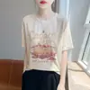 Camiseta de Manga Curta com Estampa de Montanha Estilo Ilustração de Nicho para Mulheres, Design de Verão, Top Solto com Sensação Natural Desenhada à Mão