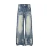 Pantalones vaqueros vintage desgastados, corte holgado para hombre, marca de moda urbana, pantalones rectos de pierna ancha con lavado degradado, ropa de trabajo