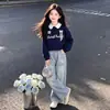 Conjunto de Moletom com Gola Polo e Renda Elegante e Calça Jeans com Estampa de Estrelas para Crianças Maiores - Moda Primavera e Outono 2026