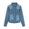 Camisa de Mezclilla Lavada Estilo Retro Europeo y Americano Hombro Fruncido Otoño Nueva Versátil Solapa de Pico Botones al Frente Top Deslavado