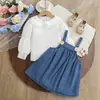 Conjunto de falda de tirantes de mezclilla para bebé niña estilo coreano con cuello de muñeca, manga larga, elegante conjunto de dos piezas para niños, lindo