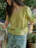 Camisa Soljghter de Lyocell Francês com Decote V e Babados Camisa com Cintura de Renda
