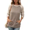 Amazon Europa América E-commerce Transfronteiriço Outono Inverno Gola Redonda Blocos de Cor Bolso Peluciado Manga Longa Solta Camiseta Top Feminino