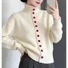 Cardigan de Punto de Hombro Recto Estilo Nuevo Otoño/Invierno 2026 Estilo Coreano Manga Larga Color Sólido Suéter Abrigo de Cuello Semi-Alto para Mujer