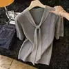 Camiseta de Punto Blanca Rota con Cordones y Manga Corta para Mujer, Nuevo Estilo de Verano para Tallas Grandes, Top Vintage Chic Adelgazante, Exportación