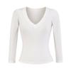 Ropa de Mujer al por Mayor Transfronteriza 2025 Nuevo Otoño Estilo Europeo y Americano Color Sólido Cuello en V Manga Larga Camiseta de Aspecto Adelgazante Top de Punto