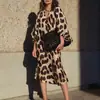 Amazon Ebay Novo Vestido Longo Outono e Inverno Gola V Solto Manga Lanterna Estampa de Leopardo Saia Longa