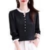 Camisa de Satén de Lujo Ligero Francés con Cuentas con Borde de Oreja Primavera 2025 Nuevo Top de Color en Contraste con Costuras Ropa de Mujer Estilo Chanel Pequeño