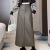 Falda de Cuero PU Retro Otoño Invierno 2026 para Mujer, Versátil, de Cintura Alta, Adelgazante, de Longitud Media con Abertura, Falda de Corte A que se Ajusta a la Cadera