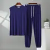 Conjunto de Dos Piezas para Hombre de Modal con Cuello Alto y Pantalones de Linterna, Traje de Casa Casual Delgado Suelto de Verano Tallas Grandes