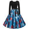 1139# foto real en stock Amazon retro Hepburn Navidad estampado costuras manga larga vestido de gran péndulo