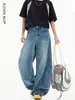 Jeans casuales retro americanos para hombre con dobladillo curvo, pantalones vaqueros rectos de pierna ancha holgados versátiles de moda para hombre