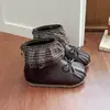 Botas Curtas de Inverno para Meninas, Novo Estilo, Babados, Renda, Xadrez, Princesa, Solado Macio, Antiderrapante, Laço, Versátil, Botas Pequenas de Couro
