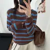 Blusa de malha listrada de outono para mulheres, novo estilo 2026, roupa íntima para primavera e outono, suéter feminino da moda de caimento solto para outono e inverno