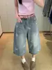 Pantalones cortos de mezclilla cropped con estampado de estrellas retro americano 2026 verano finos holgados lavados de pierna ancha