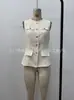 Colete gola redonda estilo Chanel para mulheres, jaqueta sem mangas de tweed com botões dourados, peça de outer wear estilosa com múltiplos bolsos e corte slim