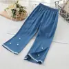 Calças Antimosquito Femininas Verão Finas Jeans Seda Gelada Meninas Pequenas e Médias Casuais Imitação de Jeans Boca de Sino Calças de Roupa Externa