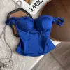 Top de encaje sexy vintage strapless azul de tiras con escote en V para mujer