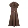 Vestido Midi de Verano 2025 Estilo Europeo y Americano para Exportación Transfronteriza, Venta al por Mayor, Combinación de Colores, Cinturón Grande, Cuello Drapeado