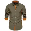 Camisa xadrez retrô americana de manga comprida com textura, nova camisa casual solta de outono e primavera com colarinho de lapela xadrez para homens