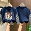 Camiseta de manga larga a rayas de algodón puro para niñas, estilo primavera y otoño, imitación de dos piezas, top de dibujos animados estiloso para niños mayores