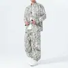 Estilo Chinês Primavera e Outono Masculino Jacquard Estampado Leopardo Terno Casual Novo Estilo Chinês Solto Retro Botão Sapo Traje Tang Conjunto de Duas Peças