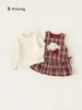 Conjunto de Dos Piezas para Niñas Youbao Otoño Vestido con Dibujos Animados y Camiseta Interior Vestido de Chaleco a Cuadros Ropa de Otoño para Niños