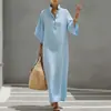 Vestido liso de caimento solto estilo férias para mulheres, nova moda de verão europeia e americana, vestido longo casual de manga longa estilo francês com gola de lapela