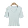 FS580-25 Primavera Novo Estilo Europeu e Americano INS Blogger Gola U Cintura Apertada Elástica Ajuste ao Corpo Meia Manga Camiseta
