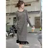 Saia midi franjada bonita popular deste ano outono feminino nova cor bloco listras manga longa solta slim fit