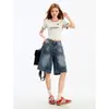 Shorts de mezclilla vintage desgastados de tiro bajo y pierna ancha para mujer, verano 2026, shorts de moda holgados rectos de línea A de longitud media