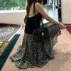Falda Larga con Estampado de Leopardo Color Café para Mujer, Verano Delgada de Cintura Alta Elegante Línea A Adelgazante Casual con Volantes Midi