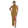 C6718 Transfronterizo Aliexpress Amazon Moda Europea y Americana Vestido de Falda Larga sin Mangas de Malla de Color Puro para Mujer con Diamantes de Imitación