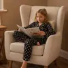 Pijama de seda artificial de comércio exterior para crianças mais velhas, conjunto de manga comprida e calça comprida com estampa de coração para meninas, comércio exterior transfronteiriço europeu e americano